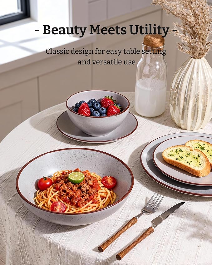 Famiware Venus Speckled Dinnerware Set with Pasta Bowls, Service for 6 (24 Pieces), Stoneware Plates and Double Bowls Sets, Microwave & Dishwasher-Safe Dishes with Trim, Matte Light Grey