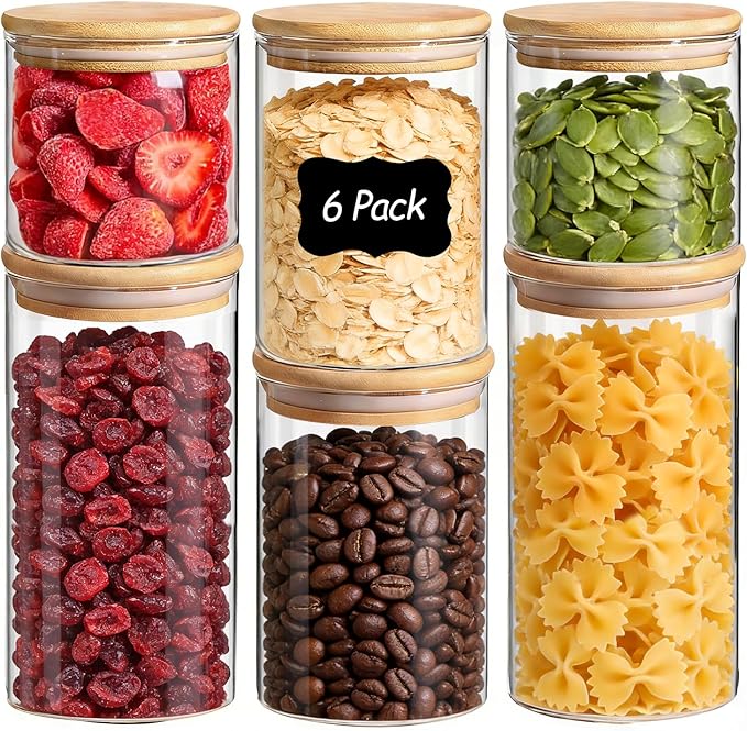 Comsaf Glass Storage Containers With Lids Set Of 6 (0.6qt/1qt/1.5qt),Glass Pantry Storage Containers, Glass Jars With Lid, Glass Canisters For Kitchen Flour Cereal Sugar Tea Coffee Beans Snacks