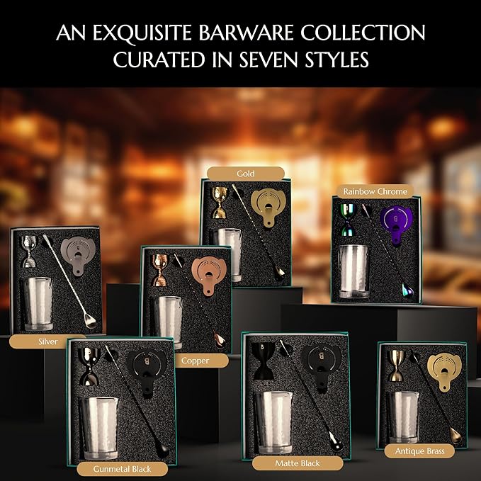 4 Piece Cocktail Kit by Bull In China - Premium Bartender Gift Set Includes Flagship Mixing Glass, 12 inch Barspoon, Bell Jigger & Hawthorne Strainer For Professional & Home Bars (Gunmetal Black)
