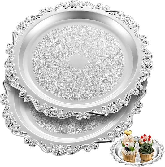 2 Pcs Silver Serving Plates 9.8 Inch Round Platter Serving Tray Decorative Vintage Metal Dessert Plates Vanity Trinket Dishes Jewelry Storage for Wedding Birthday Party Centerpiece