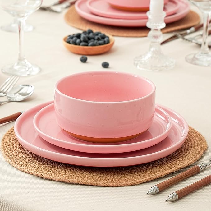 12 Piece Dinnerware Sets for 4, Dual Glaze Stoneware Plates and Bowls Set, Microwave and Dishwasher Safe, Pink