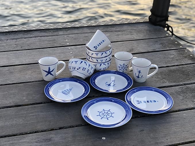 Euro Ceramica Ahoy Collection Nautical 12 Piece Dessert Set | Service for 4 | Assorted Designs, Blue & White,Standard,AHO-86001