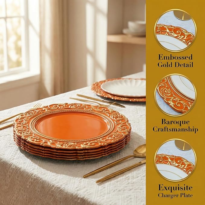 Orange Charger Plates with Gold Embossed Rim, 13 Inch Plastic Charger for Dinner, Party, Wedding, Table Setting. (Set of 6)