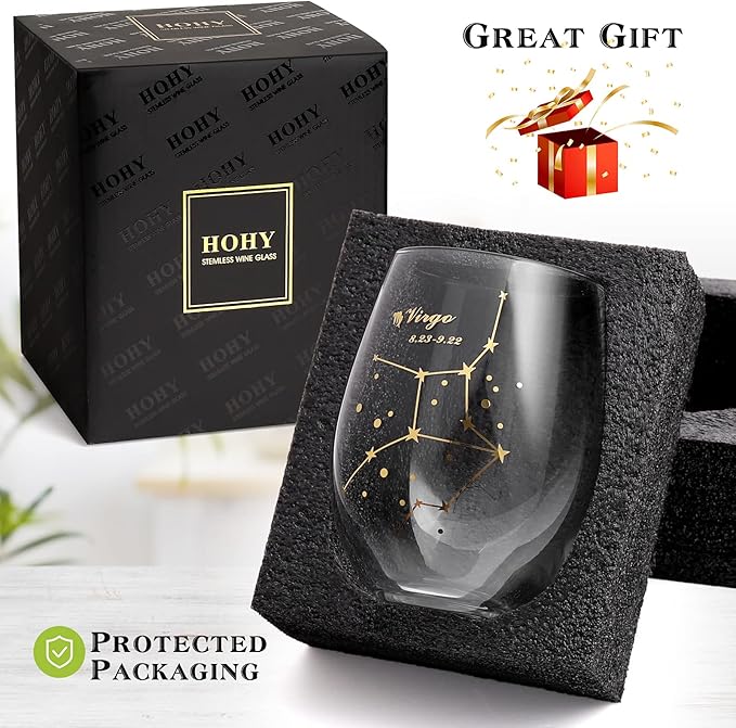 HOHY Virgo Zodiac Wine Glass 20 Oz, Virgo Zodiac Birthday Horoscope Gifts for Women, Birthday Wine Glass Astrology Constellation Christmas Gifts for Women, Constellation Wine Glasses Golden