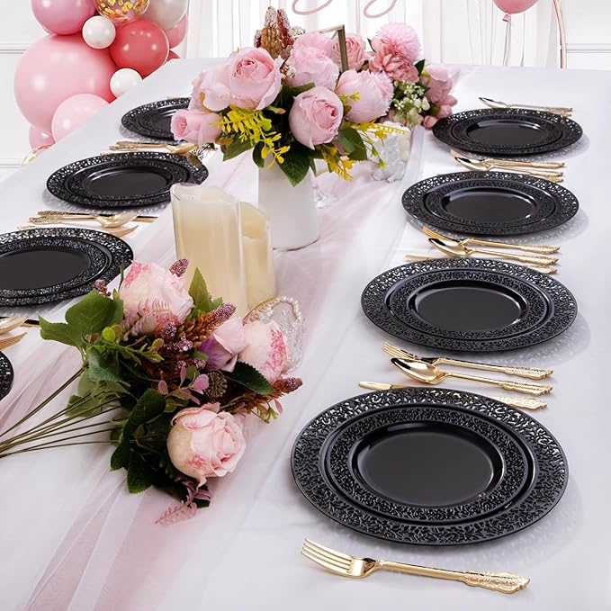 U-QE 150PCS Black Plastic Plates with Gold Plastic Silverware, Black New Years Plates Disposable for Party Include 30 Dinner Plates 10.25", 30 Salad Plates7.5", 30 Forks, 30 Knives, 30 Spoons