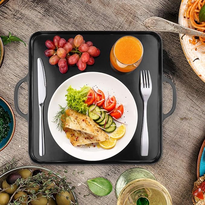 i BKGOO Foodservice Black Plastic Tray with Handle Set of 2 Large Melamine Cube Serving Platters for Parties, Table, Kitchen Size(12.5"x12.5"x1")