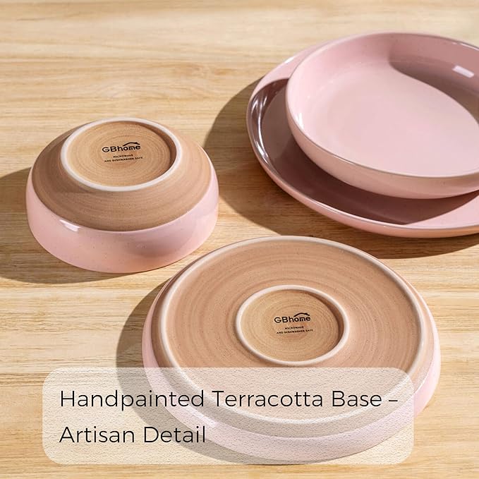 GBHOME 24-Piece Ceramic Dinnerware Set for 6, Handpainted Plates, Pasta Bowls & Bowls Set with Rustic Terracotta Underside, Scratch-Resistant, Dishwasher & Microwave Safe,Speckled Glaze Pink