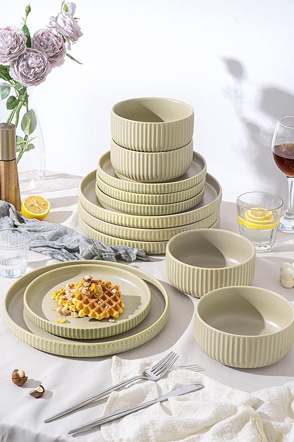 Dinnerware Sets for 4,Microwave Safe Plates and Bowls Sets,12 Piece Dylan Dish Set,Reactive Glaze Stoneware Dinnerware Set (Matte Reactive Glaze-Sage Green, Service for 4 (12pcs))
