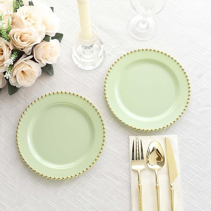 8" Salad Plates - Set of 10 - Plastic Sage Green/Gold Round Disposable Dessert Appetizer Plate Beaded Rim, Ideal for Dinner Party Wedding Bulk Events
