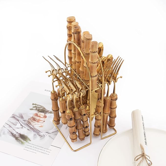 Bamboo Silverware set, 25 PCS Natural Bamboo Flatware Set with Holder, Stainless Steel Forks Spoons and Knives set with Bamboo Handle, Gold Cutlery Set with Stand, Service for 6