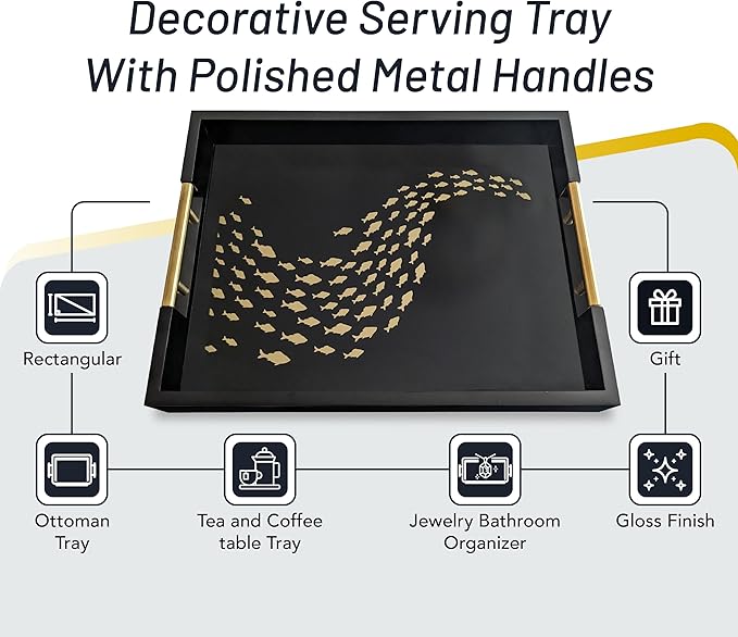 Black Serving Tray with School of Golden Fish Design Gothic Ottoman Tray, Tea and Coffee Table Tray, Jewelry Bathroom Organizer, Gift, Gloss Finish