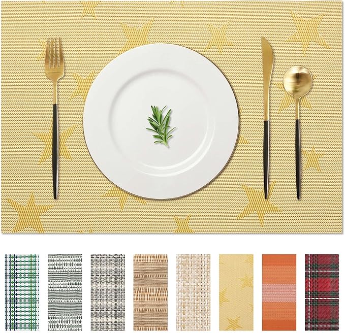 AHHFSMEI Placemats for Dining Table Set of 8 Woven Vinyl Plastic Place Mats Non-Slip Heat Insulation Stain Resistant Table Mats Washable Easy Clean Placemats (Gold Star 8)