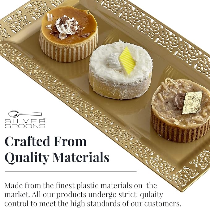 Silver Spoons DISPOSABLE LACE TRAYS | for Upscale Wedding & Dining | 6 pc | Gold | 14' x 7 . 5'