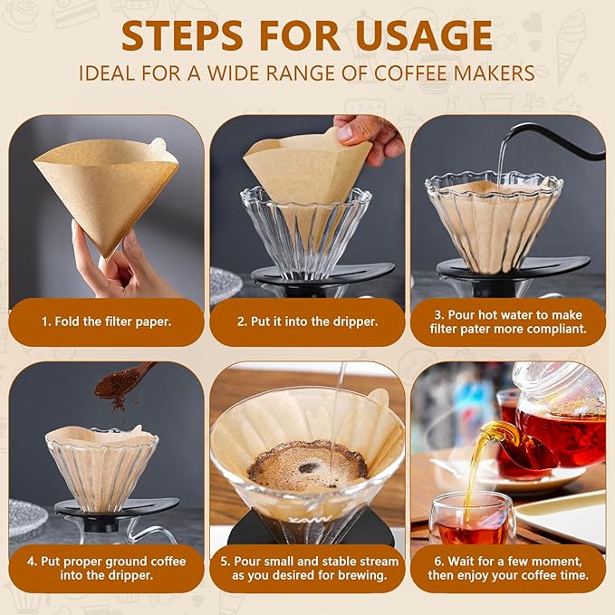 Disposable Cone Coffee Filters V02-200 Count Unbleached Natural Brown Paper Filters, 2-4 Cup Pour Over & Drip Coffee Makers, Compatible with Conical/V-Shaped Drippers