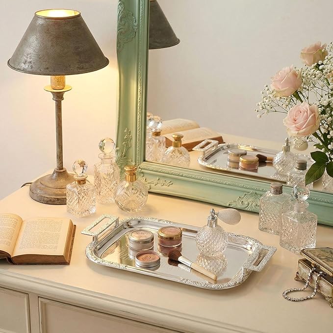 4 Pcs Silver Serving Tray with Handles Elegant Victoria Floral Engraved Metal Platters Large Decorative Trays for Buffet,Wedding Party, Jewelry Display, Service (Modern,Sliver)