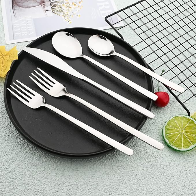 Knives and Forks Set Flatware Set Korean Silverware SUS304 Stainless Steel Kitchen Dinnerware Portable Utensils for Home, Camping Restaurant Christmas Gift - Shiny Silver