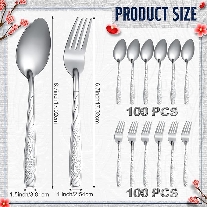 Minatee 200 Pcs Forks and Spoons Silverware Set Stainless Steel Flatware Cutlery Set Heavy Duty Metal Spoons and Forks for Kitchen Utensil Dinner Restaurant Home Mirror Polished (Flower)