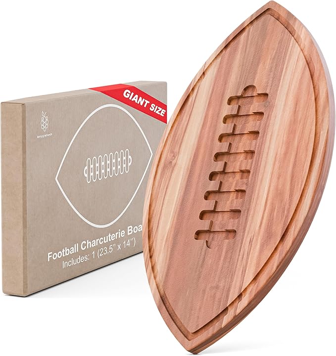 New – Giant Football Shaped Cutting Board – Jumbo Size Acacia Wood Charcuterie Tray – Extra Large Wooden Football Serving Platter for Super Bowl Parties, Tailgate Hosting & Gifts