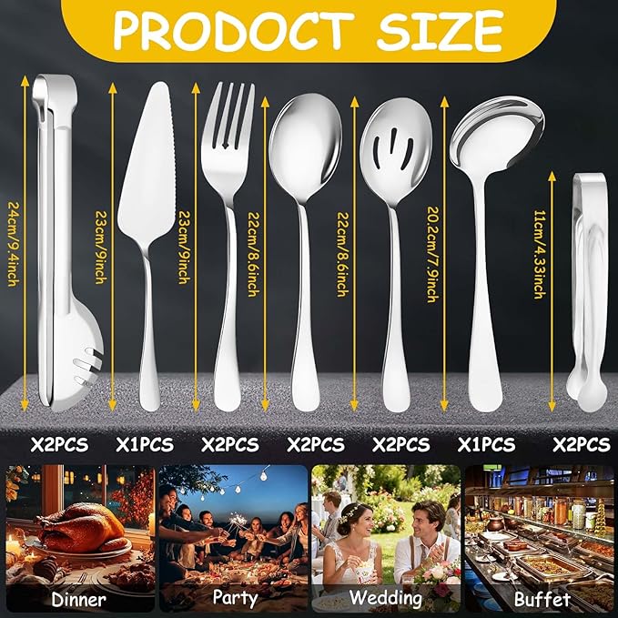 12 Pcs Silver Serving Utensils Set Include Stainless Steel Large Serving Spoons Slotted Spoons Forks Soup Ladle Pie Server - Metal Utensils for Parties Buffet Catering, Dishwasher Safe