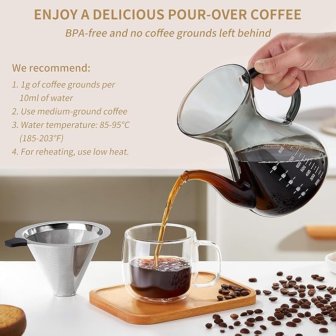 Pour Over Coffee Dripper, Fine Mesh Double Layer Stainless Steel Coffee Filter, Metal Cone Pour Over Coffee Filter Single Cup Coffee Maker 1-2 Cup