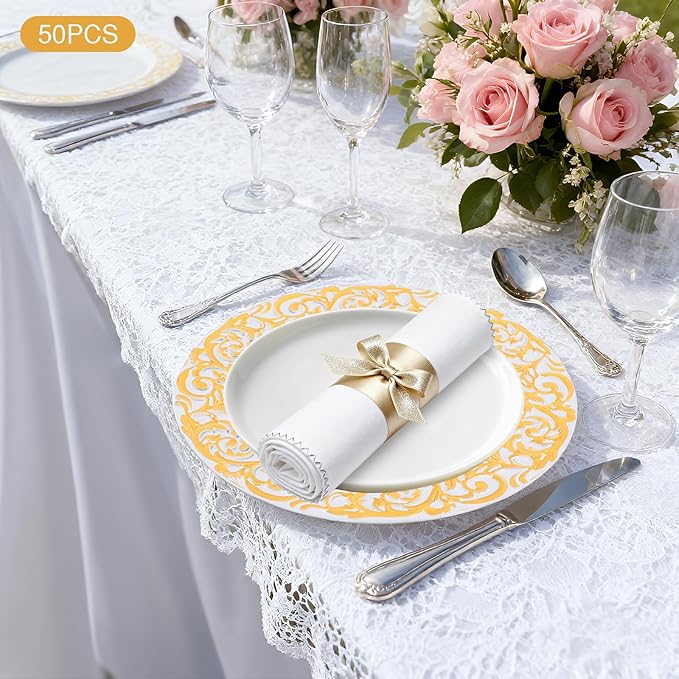 50 Pcs Antique Charger Plates Bulk 13" Round Floral Chargers for Dinner Plates, White Charger Plates for Wedding, Party, Elegant Tabletop Decor (White+Gold)