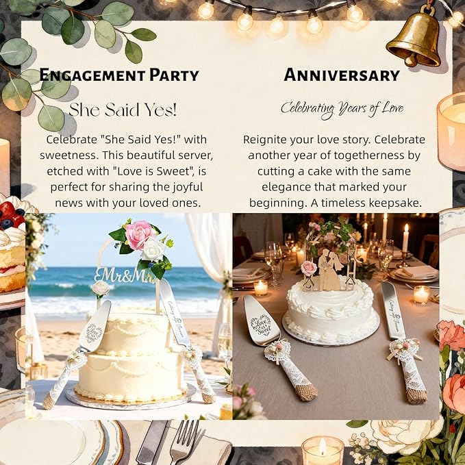 Wedding Cake Knife and Server Set – 10.83" Serrated Knife & 9.84" Server with Rustic Lace Burlap Handles, Stainless Steel Blades, for Bride & Groom, Anniversary & Engagement Gift (silver)