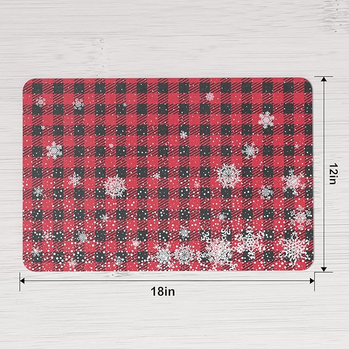 QIYI Christmas Placemats Set of 6, 12x18 Inch PU Leather Place Mats for Kitchen Dinning, Heat Resistant Anti Slip Winter Table Mats, Waterproof Wipeable Placemat Party Décor, Buffalo Plaid Snowflakes
