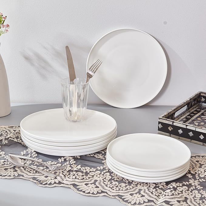 AntoKueh White Salad Plates Set of 6, 8.3 Inch Fine Bone China Small Dishes with Shallow Edge for Dessert, Appetizer, Steak, Dishwasher/Microwave safe