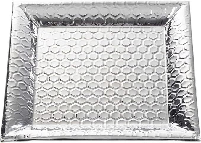TableCraft 12843 Hive Collection Square Serving Tray, Stainless Steel with Mirror Honeycomb Pattern, Flat Display Tray for Catering & Buffet Service, 14 x 14 x 1 Inches