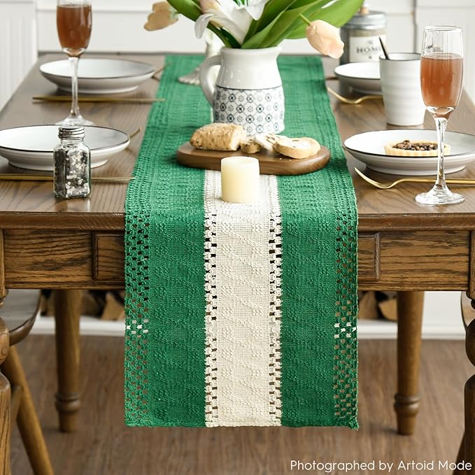 Artoid Mode Dark Green Farmhouse Rustic Table Runner, Seasonal Christmas Hollow Kitchen Dining Table Decoration for Home Party Decor 12x72 Inch