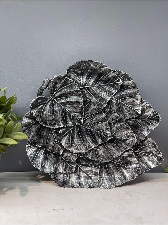Leaf Shaped Serving Tray Decorative Polyester Silver and Black Antique Finish Abstract Home Decor, 12x10 Inch - Silver and Black Antique, One Size