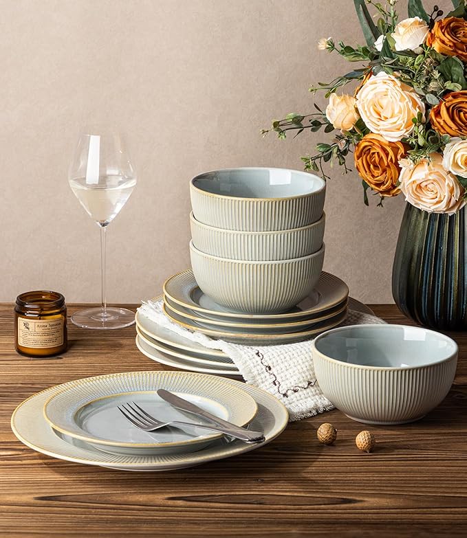 TheTerra Stoneware Dinnerware Sets for 4, 12 Pieces Ceramic Plates and Bowls Sets, Scratch Resistant Embossed Dish Set, Oven, Microwave & Dishwasher Safe, Desert Sage