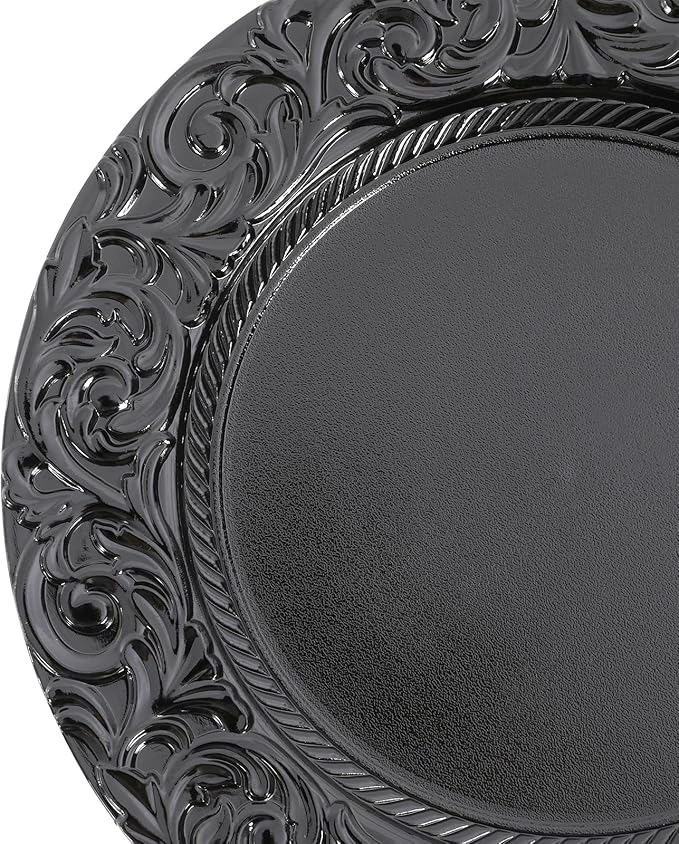 50 Pcs Antique Charger Plates Bulk Round Plastic Dinner Plate Embossed Rim Server Plate Decorative Chargers Floral Plates for Dinner Parties Wedding,13 Inch (balck-50pcs)