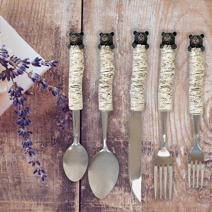 Whimsical Bear Cubs Resin Birch Tree Decorative Flatware 5pc Set