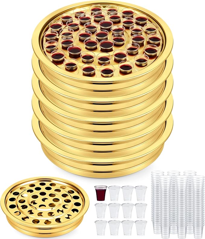 Zhehao 5 Pcs Easter Communion Trays for Churches Set Church Supplies Plates for Church with Disposable Cups (Gold)