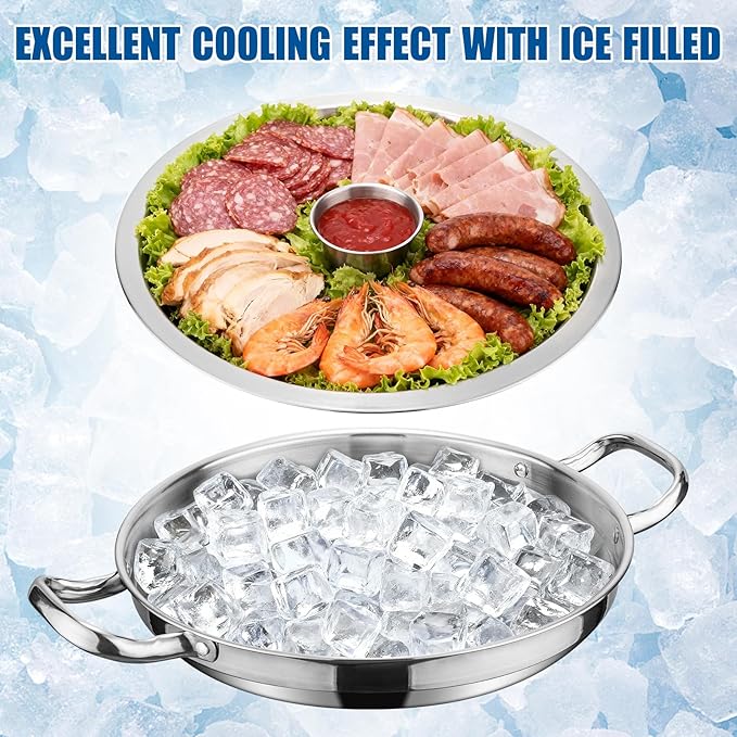 2-Set 12 Inch Shrimp Cocktail Serving Dish with Ice Tray, Cold Chilled Serving Trays, Cooling Platter Charcuterie Board for Appetizer Oyster Salad Buffet Parties, Dishwasher Safe, Stainless Steel