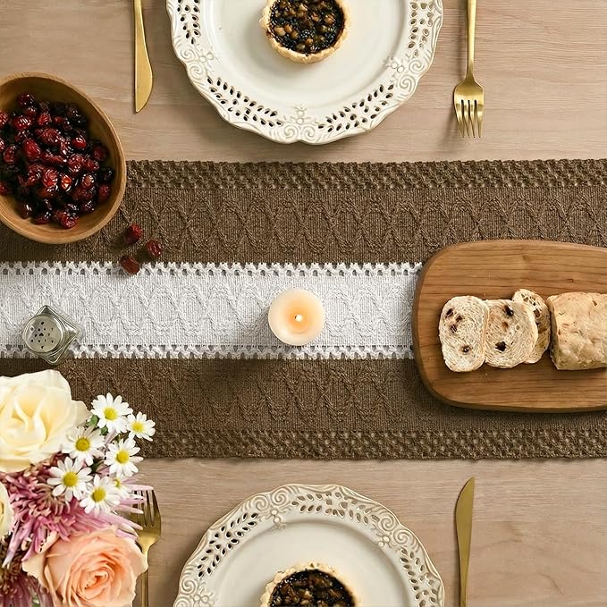 Artoid Mode Light Coffee Farmhouse Rustic Table Runner, Seasonal Hollow Kitchen Dining Table Decoration for Home Party Decor 12x36 Inch