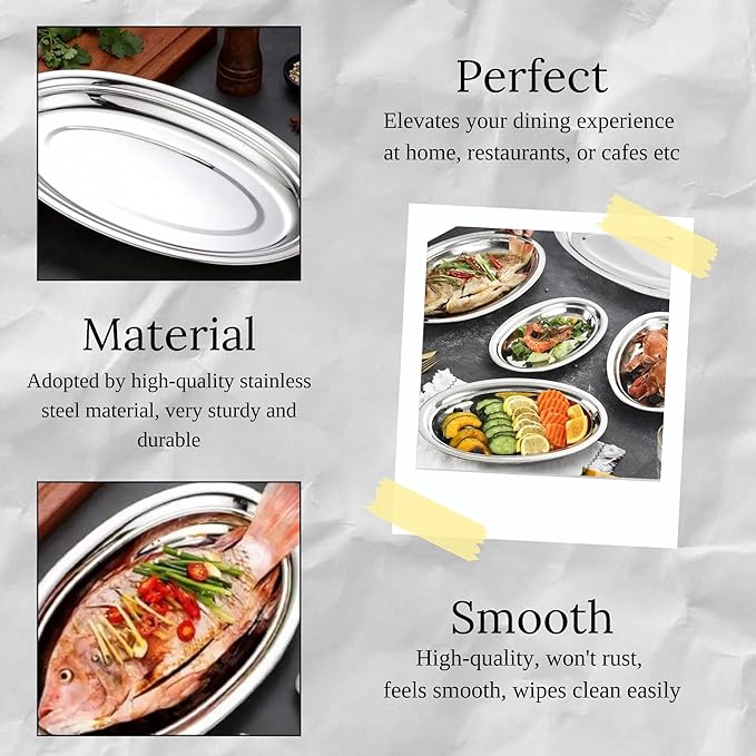 Chandler Stainless Steel Serving Tray - Oval Silver Food Tray - 3 mm Thick, Unbreakable - Anti Rust Serving Platter - Dinner Trays - Dishwasher Safe Kitchen Tray (Silver, 16 Inches)