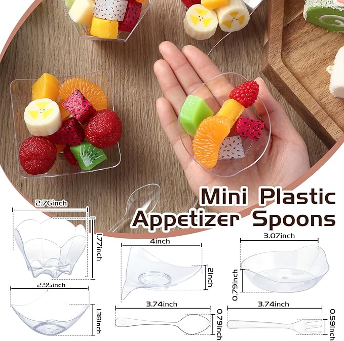 Tessco 200 Pcs Mini Appetizer Plates with Spoons Forks Disposable Mini Dessert Plates Plastic Appetizer Bowls Tiny Individual Serving Trays for Party(Clear,Modern)