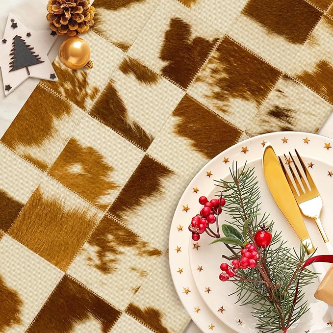 Cow Pattern White Table Runner Farmhouse Fall Kitchen Dining Linen Table Decoration for Indoor Outdoor Home Party Decor 13 x 72 Inch