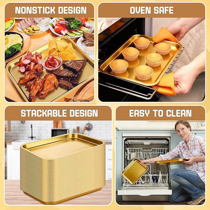 6 Pcs 7.5 x 5.5 Inch Gold Baking Sheets Stainless Steel Baking Pan Tray Cookie Sheet Rectangle Mirror Finish and Rust Free Easy Clean and Dishwasher Safe Bakeware Oven Tray for Roasting