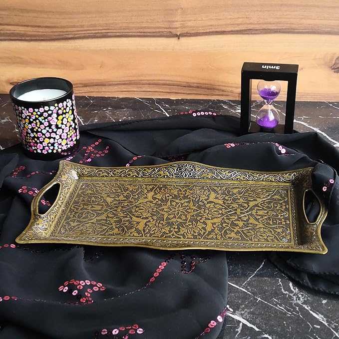 Metal Serving Tray with Raised Edges, Vintage Design Tray, Rectangular Metal Serving Tray, Decorative Serving Platter, Turkish Ottoman Coffee Tea Beverage Serving Square Tray (Aged Yellow)
