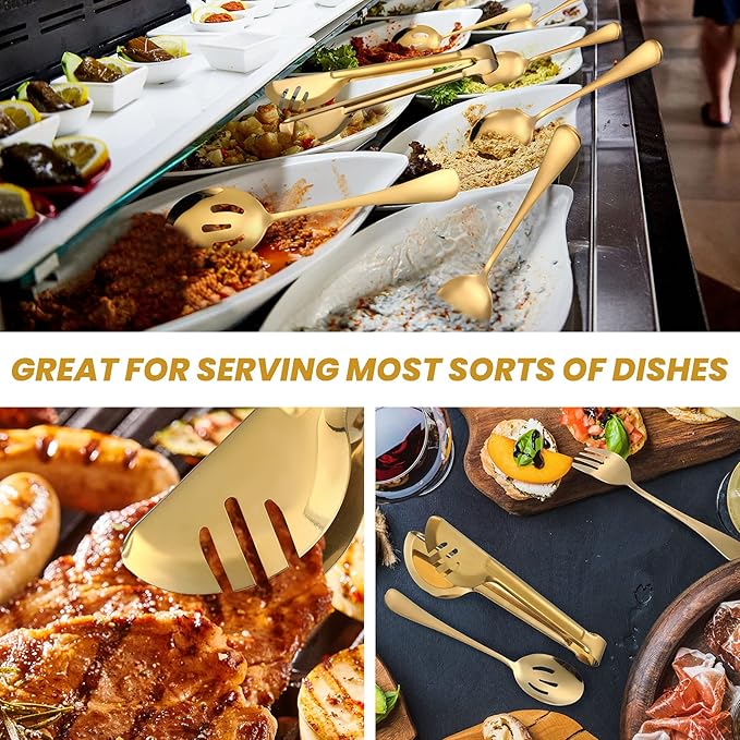 Patelai 8 Pcs Gold Stainless Steel Serving Utensils Set 8.7" Large Spoons and Slotted Spoon 9.45" Tong 9" Forks Flatware Wedding Valentine's Day Holiday Party Buffet Banquet Cooking Kitchen Catering