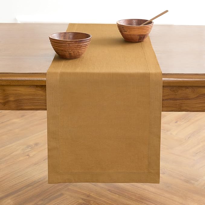 Solino Home Linen Caramel Table Runner 132 Inches Long - 100% Pure Linen Extra Long Table Runner 14 x 132 Inch - Fete