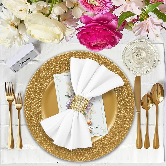 PROY 100 Pcs Gold Charger Plates Bulk,13 Inch Leaf Trim Antique Charger Plate, Plastic Reusable Round Charger Platters for Table Setting, Wedding, Party, Event