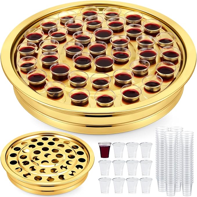 Zhehao 1 Pcs Easter Communion Trays for Churches Set Church Supplies Plates for Church with Disposable Cups (Gold)