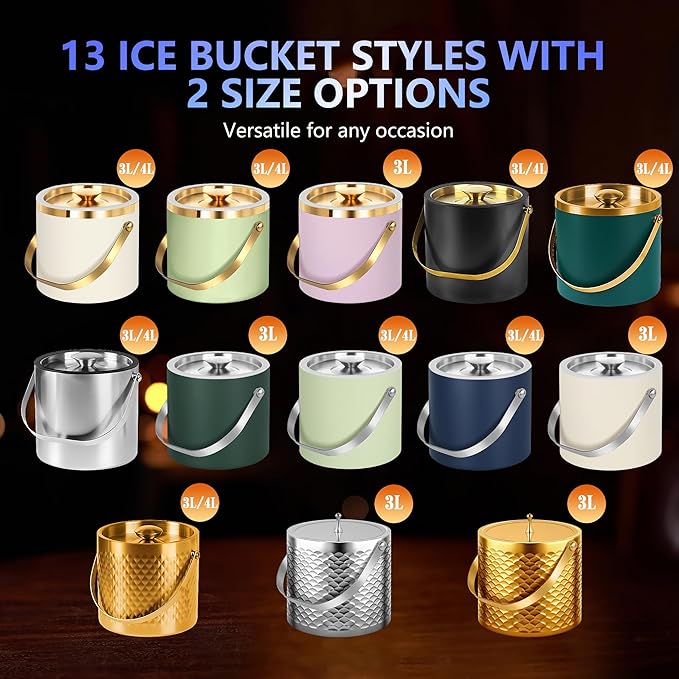 Ice Bucket, Ice Bucket with Silicone Sealing Ring Double-Wall Vacuum Insulation Champagne Buckets with Filter Layer Ice Tongs Ice Scoop (Green, 4 L)