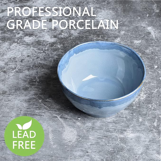 Bosmarlin Ceramic Soup Bowl Set of 4, 28 Oz, Cereal Bowl for Oatmeal, Dishwasher and Microwave Safe, Reactive Glaze (Blue, 6 inches)
