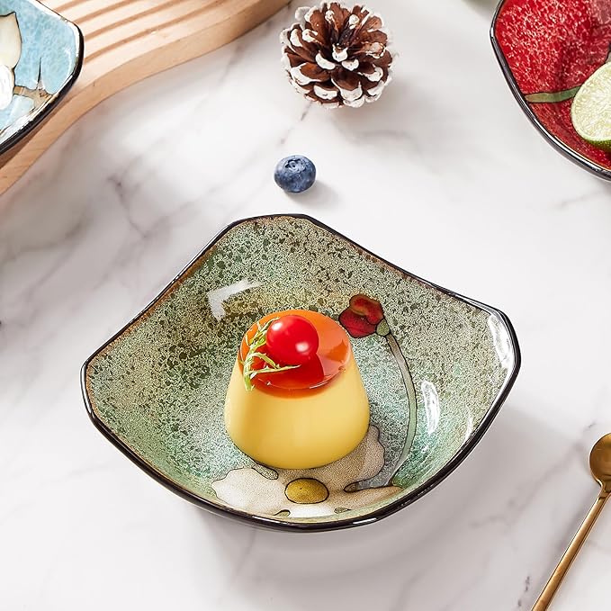 Porcelain Square Dessert Salad Pasta Plates 6.7 inches ceramic plates set of 4 Stackable Dinner Plates for Steak, Pasta, Salad,Dessert，Microwave and Dishwasher Safe (4 colors, 6.7 Inch)