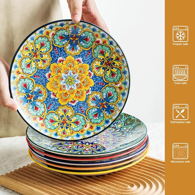 Ceramic Dinner Plates, 8.5 Inch Small Salad Dessert Plate Set of 6, Colorful Bohemian Plates for Appetizers, Snacks, Fruit, Small Plate Set for Kitchen & Restaurant, Microwave, Oven and Dishware Safe